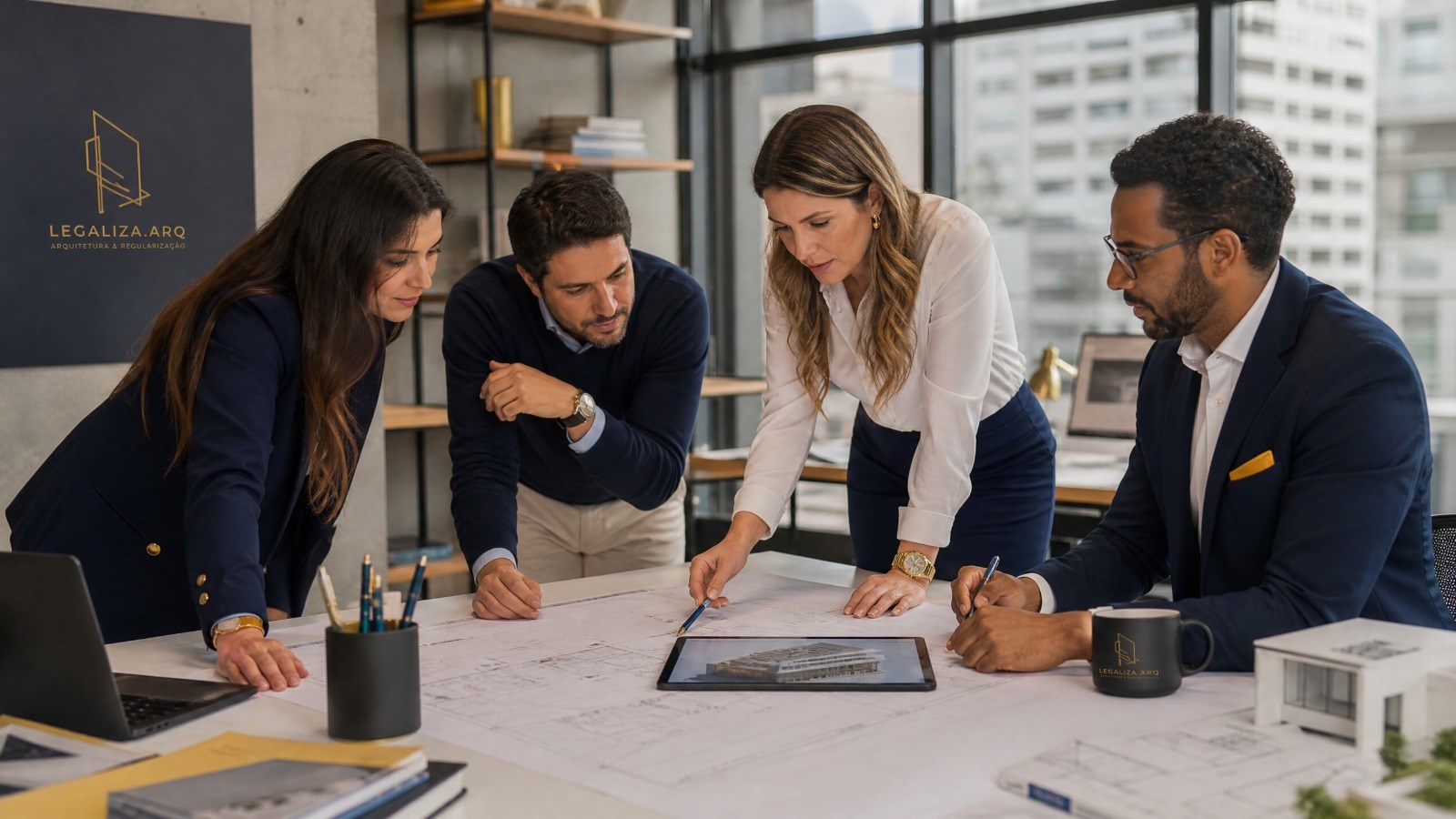 Equipe Legaliza.ARQ analisando projetos em uma mesa de reunião